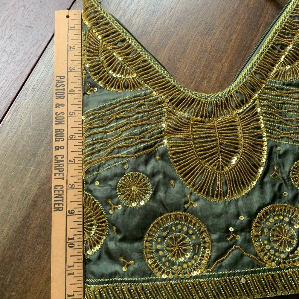 Vintage Embroidered Olive Green purse with Gold Beading. 11.5” wide. 13” high. - Picture 2 of 7